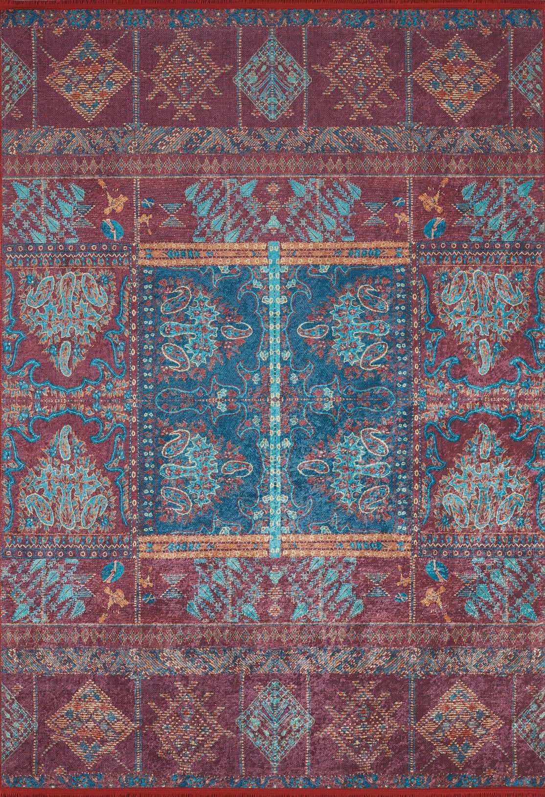 The Majestic Mandarin - Washable Rug (JR1863) features a Persian-style, ornate blue, red, orange, and teal symmetrical pattern with floral and geometric motifs, intricate borders, a central medallion, and is ideal for high-traffic areas.