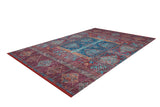 The Majestic Mandarin - Washable Rug (JR1863) is a rectangular red rug with a vintage, distressed look and traditional blue and teal geometric and floral patterns—perfect for high-traffic areas.