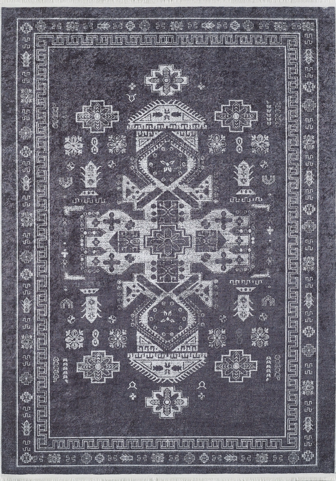 The Majestic Symbol - Washable Rug - JR1892 is a rectangular flat weave in dark gray and white, featuring intricate geometric and floral patterns with central medallions, bordered repeats, and symmetrical elements—an elegant touch for any space.