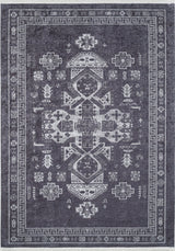 The Majestic Symbol - Washable Rug - JR1892 is a rectangular flat weave in dark gray and white, featuring intricate geometric and floral patterns with central medallions, bordered repeats, and symmetrical elements—an elegant touch for any space.