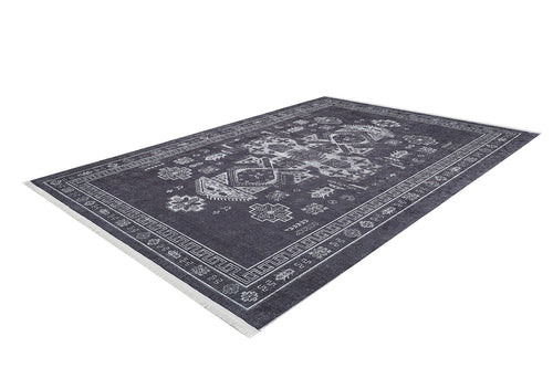 Load image 1 in gallery view. The Majestic Symbol - Washable Rug - JR1892 is a dark gray flat weave area rug with white geometric and floral patterns, a detailed decorative border, and fringe on the shorter edges, shown on a white background.