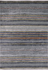 The Metro Lines - Washable Rug - JR1548 showcases gray-anthracite tones with blue, white, and orange horizontal stripes, detailed geometric and zigzag patterns—ideal for high-traffic areas.