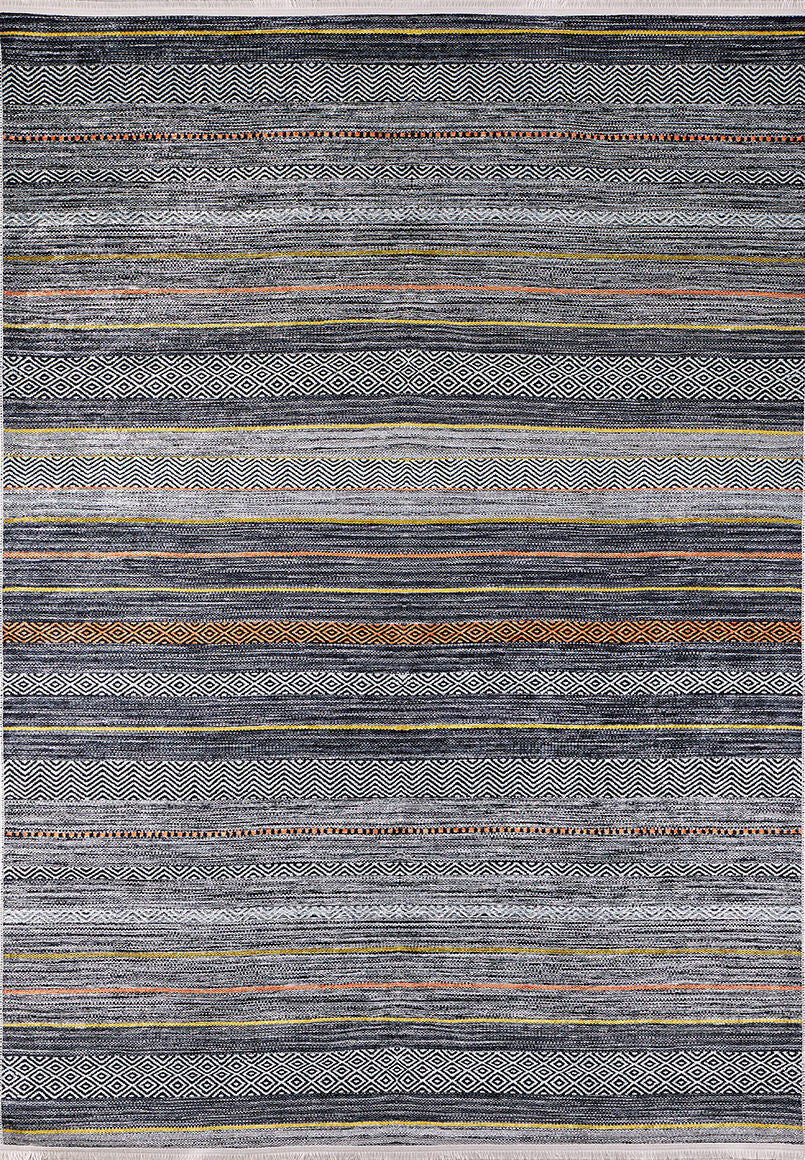 The Metro Lines - Washable Rug - JR1548 showcases gray-anthracite tones with blue, white, and orange horizontal stripes, detailed geometric and zigzag patterns—ideal for high-traffic areas.