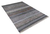 The Metro Lines - Washable Rug - JR1548 is a rectangular, flat-woven gray-anthracite rug with horizontal gray, black, blue, and brown stripes and geometric diamond patterns. Short fringes edge this durable rug—ideal for high-traffic areas.