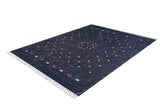 The Midnight Majesty - Machine-Washable Rug (JRS5052) features a dark blue rectangular design with light geometric patterns and fringe on short edges, ideal for high-traffic areas, shown on a white background.