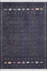 The Midnight Majesty - Machine-Washable Rug (JRS5052) is a dark gray rug with multicolored geometric borders, colorful dash and dot accents in the center, and white fringed edges. Perfect for high-traffic areas and easy to clean.