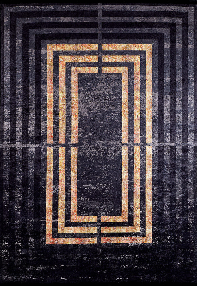 The Minimalist and Clean - Washable Rug - JR1407 is a rectangular black rug with a distressed texture and concentric gold and orange outlines, creating a tunnel-like geometric look—ideal for high-traffic areas.