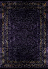 The Minimalist and Elegant - Washable Rug - JR1298 is a dark purple rug with gold and lavender symmetrical patterns, scrolls, and floral motifs. Its washable design adds vintage luxury to high-traffic spaces.