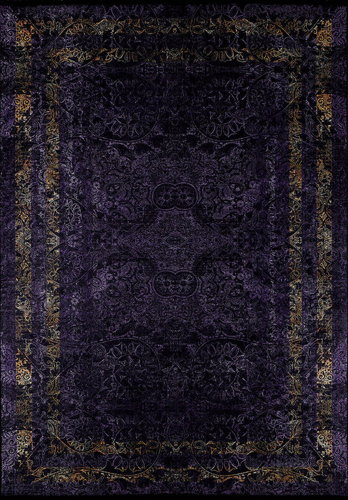 Load image 1 in gallery view. The Minimalist and Elegant - Washable Rug - JR1298 is a dark purple rug with gold and lavender symmetrical patterns, scrolls, and floral motifs. Its washable design adds vintage luxury to high-traffic spaces.