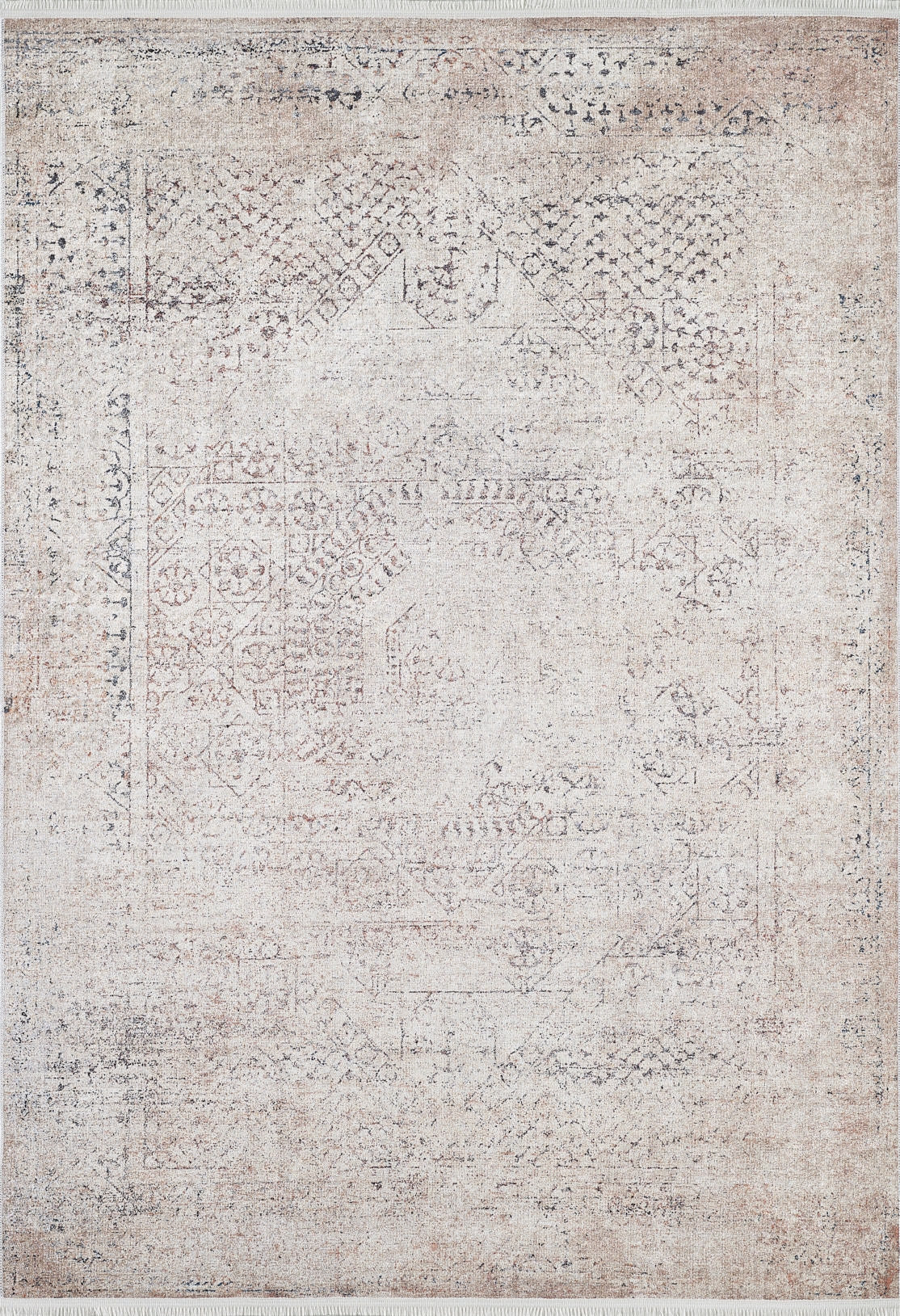 The Misty Mosaic - Washable Rug - JR1690 features a vintage faded look with intricate, subtle geometric and floral patterns in muted beige and gray tones.