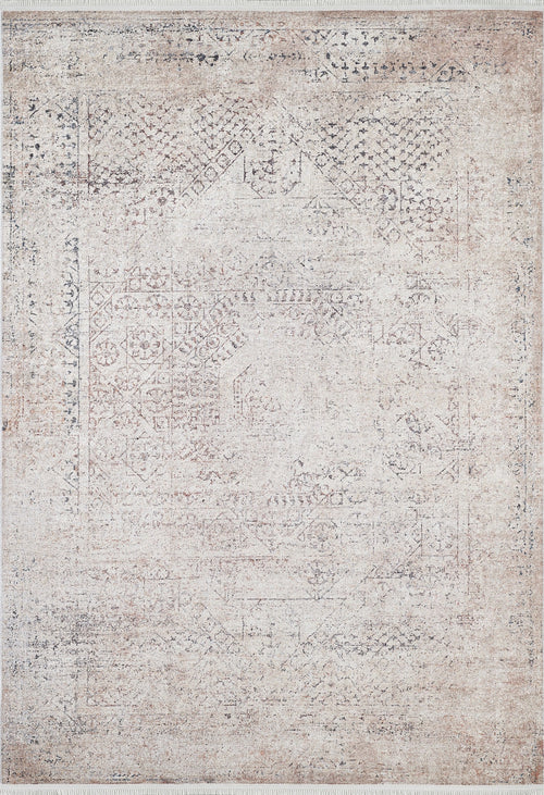 Load image 1 in gallery view. The Misty Mosaic - Washable Rug - JR1690 features a vintage faded look with intricate, subtle geometric and floral patterns in muted beige and gray tones.