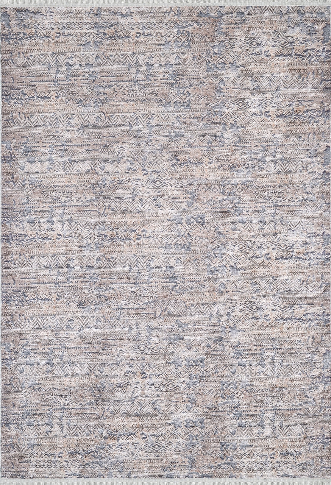 The Modern Enigma - Machine-Washable Rug JR1883 features a subtle abstract pattern in beige, gray, and blue with a textured surface—its durable design and neutral tones make it perfect for high-traffic areas.