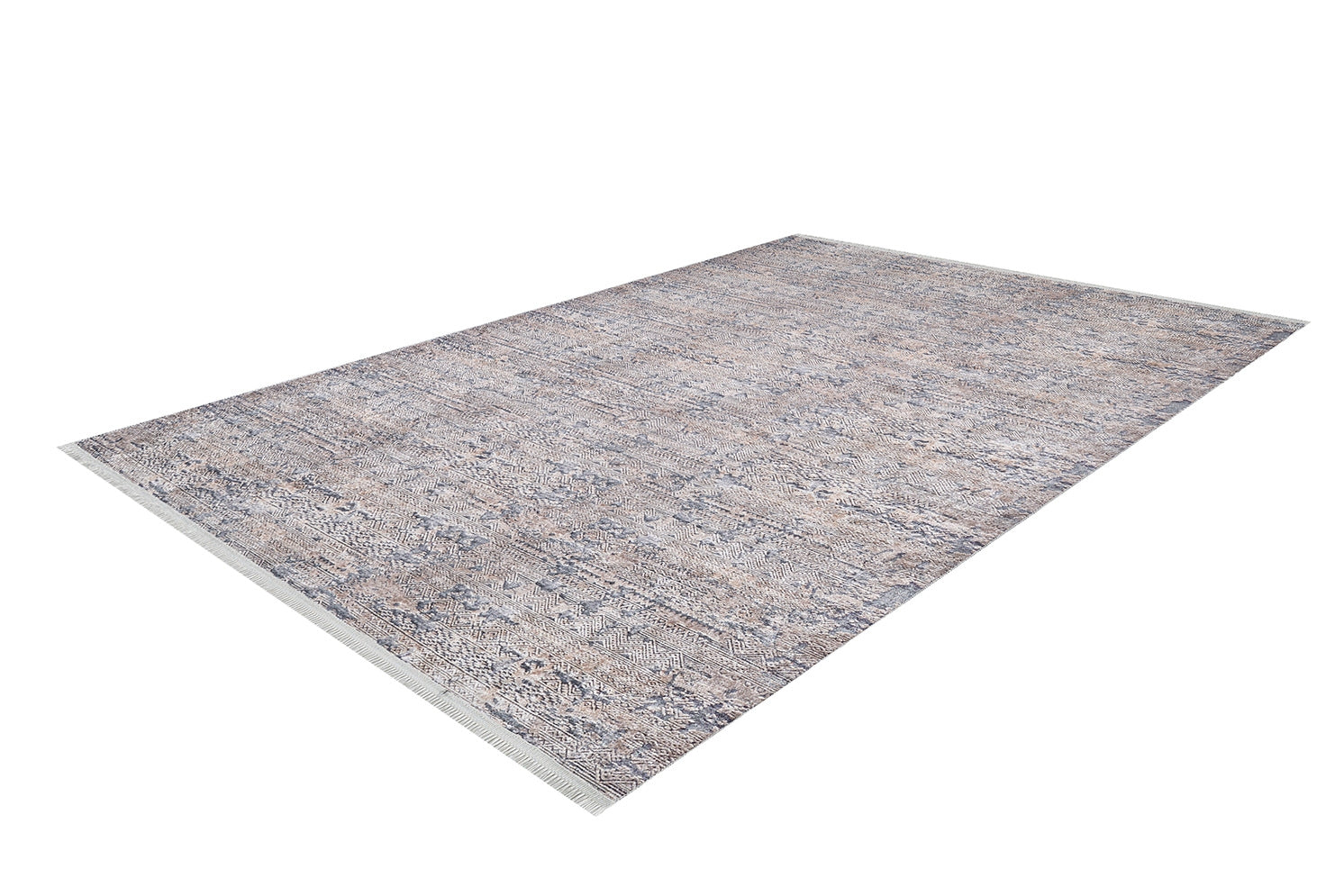 The Modern Enigma - Machine-Washable Rug JR1883 features a rectangular, washable design with a subtle mottled gray, beige, and blue pattern, short fringe on the edges, and is perfect for high-traffic areas. Shown on a white background.