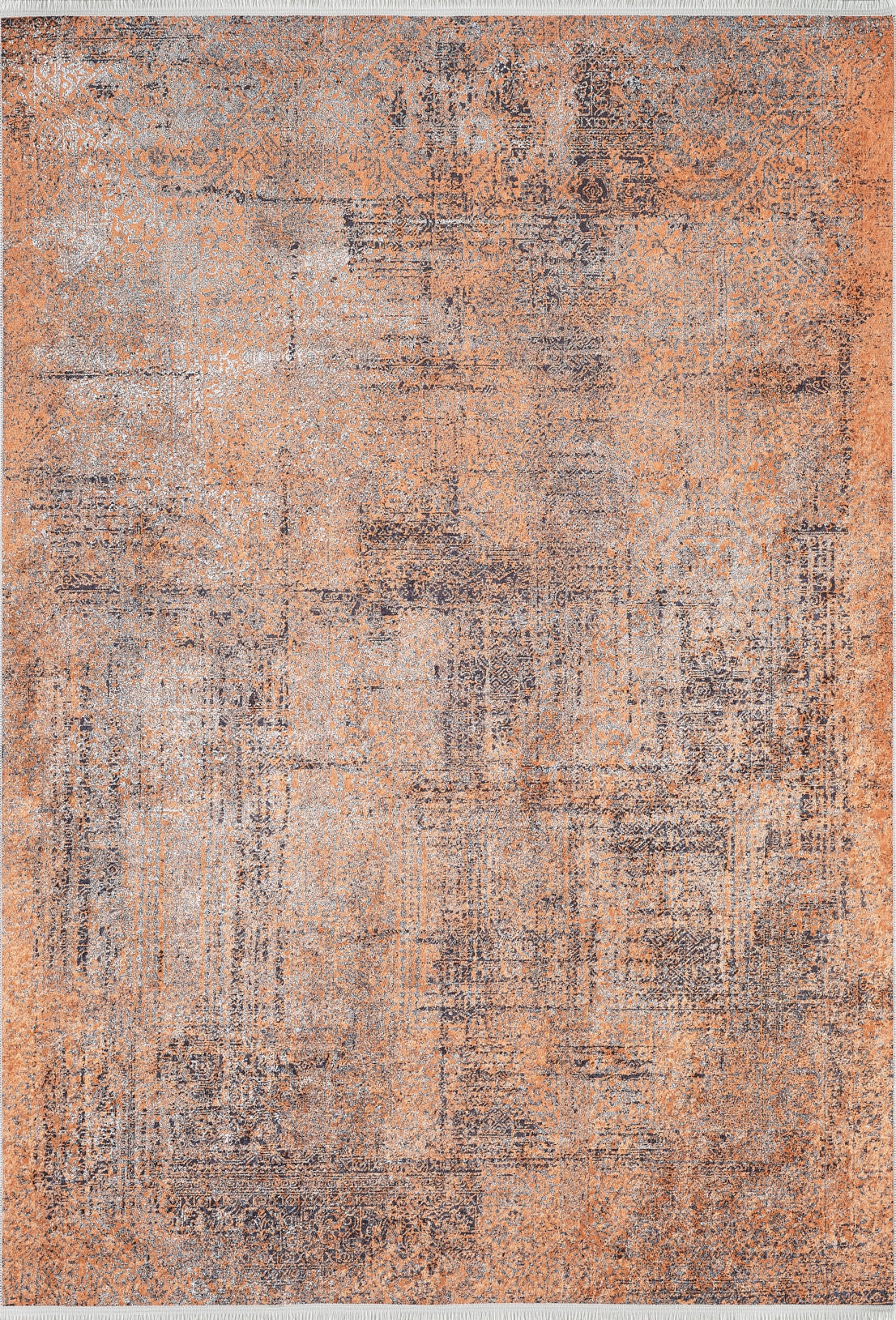The Modern Mosaic - Machine-Washable Rug JR1846 features an abstract orange design with distressed gray and beige patterns, delivering a textured vintage look. This washable rug is durable, making it ideal for high-traffic areas.