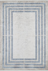 The Modern and Regal - Washable Rug - JR1616 features a geometric border in muted gray and blue, multiple parallel lines framing the center, and a layered modern design with a subtle distressed texture. Rectangular and easy to wash.