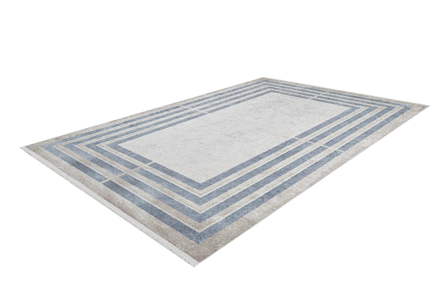 The Modern and Regal - Washable Rug - JR1616 features a rectangular flat weave and minimalist blue and gray striped border on a light background. Displayed on white, it's perfect for modern, allergy-friendly spaces.