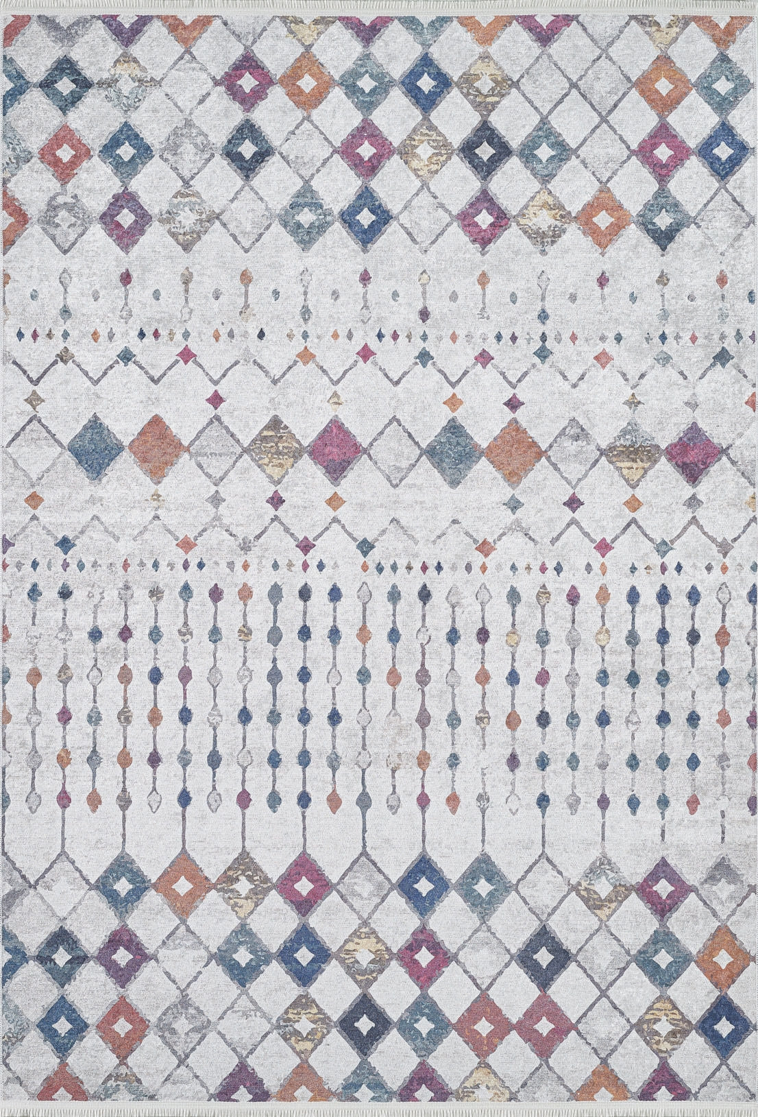 The Moroccan Mosaic - Washable Rug - JR1655 features a symmetrical geometric design with rows of multicolored diamond shapes and dotted lines on a light background, accented in blue, orange, purple, and gold—perfect for high-traffic areas.