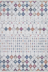 The Moroccan Mosaic - Washable Rug - JR1655 features a symmetrical geometric design with rows of multicolored diamond shapes and dotted lines on a light background, accented in blue, orange, purple, and gold—perfect for high-traffic areas.
