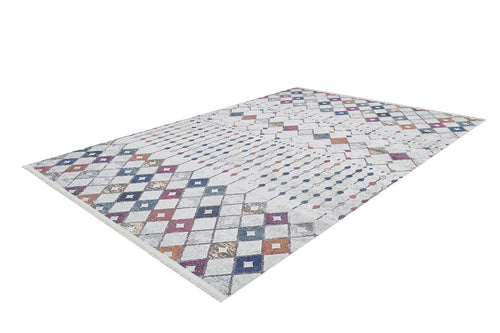 Load image 1 in gallery view. The Moroccan Mosaic - Washable Rug - JR1655 is a rectangular rug with a white background and colorful geometric diamond pattern in blue, purple, orange, and beige—ideal for high-traffic areas. Displayed on a white background.