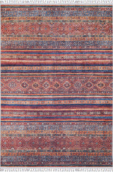 The Native Nightscape - Washable Rug (JR5093) is a rectangular multicolor rug with red, blue, orange, and cream geometric and floral stripe patterns. Designed for high-traffic areas, it features tassels on the short edges for added charm.