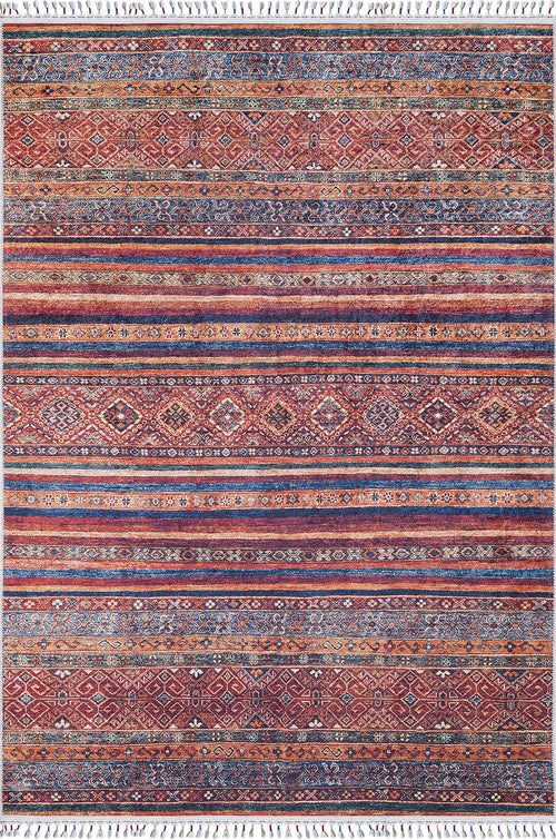Load image 1 in gallery view. The Native Nightscape - Washable Rug (JR5093) is a rectangular multicolor rug with red, blue, orange, and cream geometric and floral stripe patterns. Designed for high-traffic areas, it features tassels on the short edges for added charm.