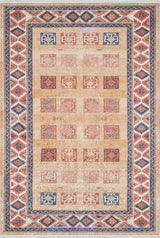 The Navajo Nights - Washable Rug - JR1758 features a beige background with rows of red, blue, and orange geometric squares. Its durable, washable design suits high-traffic areas, and its border highlights repeating red, blue, and white diamond shapes.