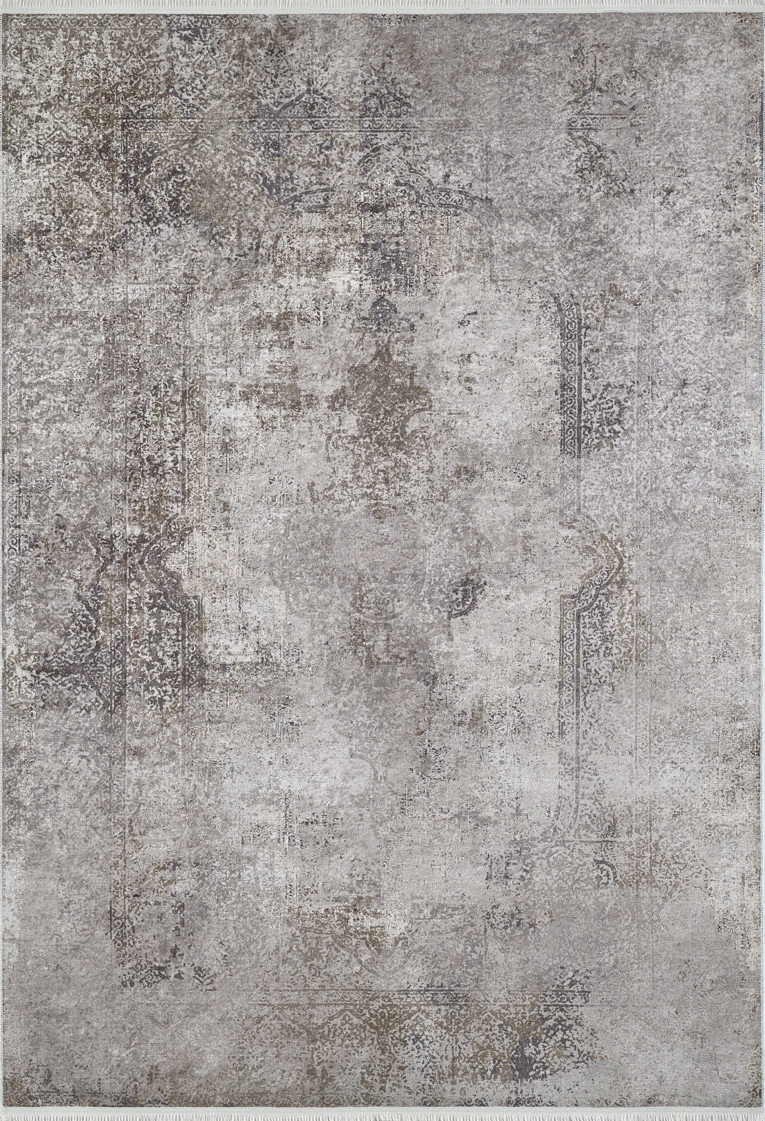 The Noble Insignia - Washable Rug - JR1830 is a rectangular, vintage-style rug in gray, beige, and taupe with distressed ornate patterns—ideal for high-traffic areas and easy to clean.