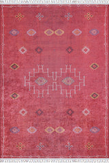 The Nomadic Journey - Washable Rug - JR5080 is a rectangular red rug with a faded background, diamond and linear motifs in yellow, white, pale blue, and white fringe. Perfect for high-traffic areas and easy to clean.
