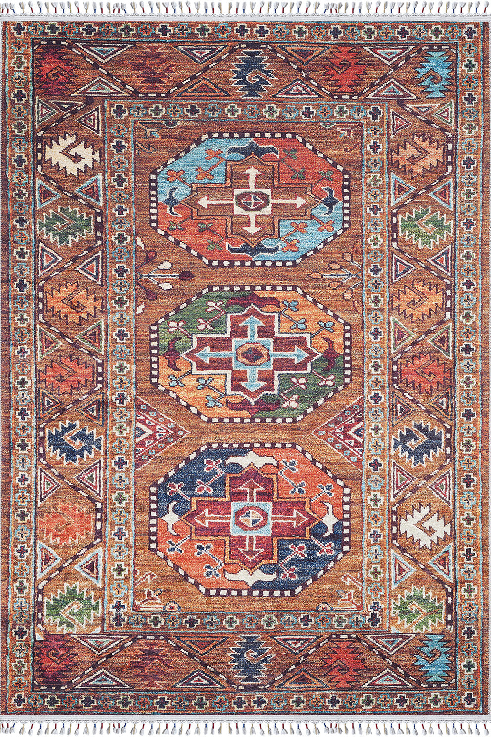 The Nomadic Oasis - Washable Rug - JR5086 is a colorful rectangular flat weave rug with orange, blue, brown, red, and green geometric patterns, three large central medallions, and a detailed motif border.
