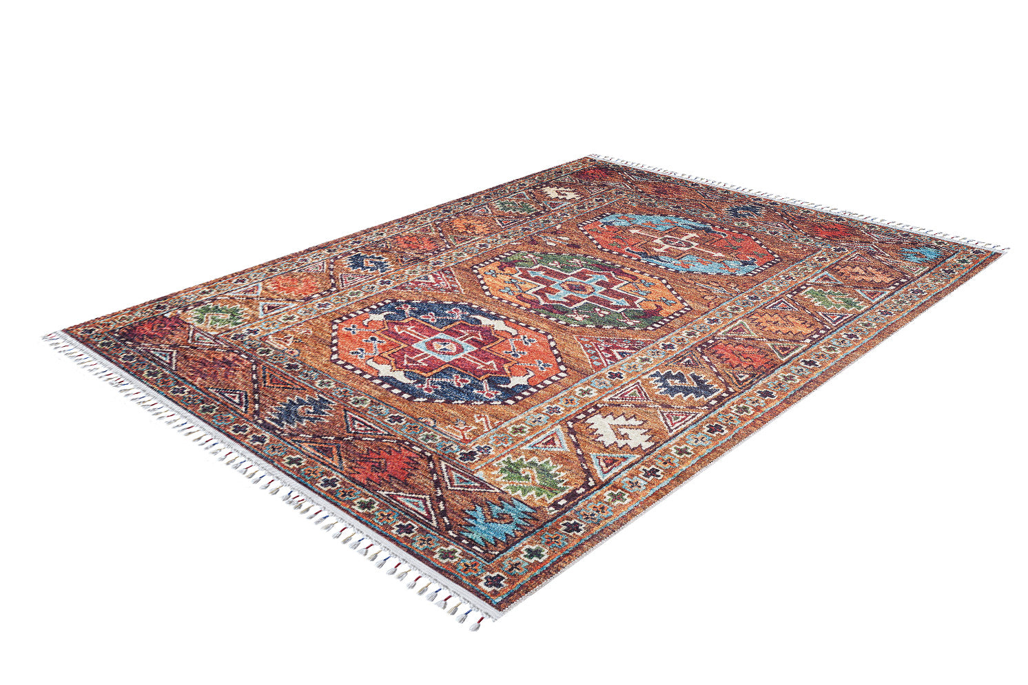 The Nomadic Oasis - Washable Rug - JR5086 is a rectangular flat weave rug with geometric patterns in red, orange, blue, green, and cream, fringed edges on short sides—combining style and practicality for any space.