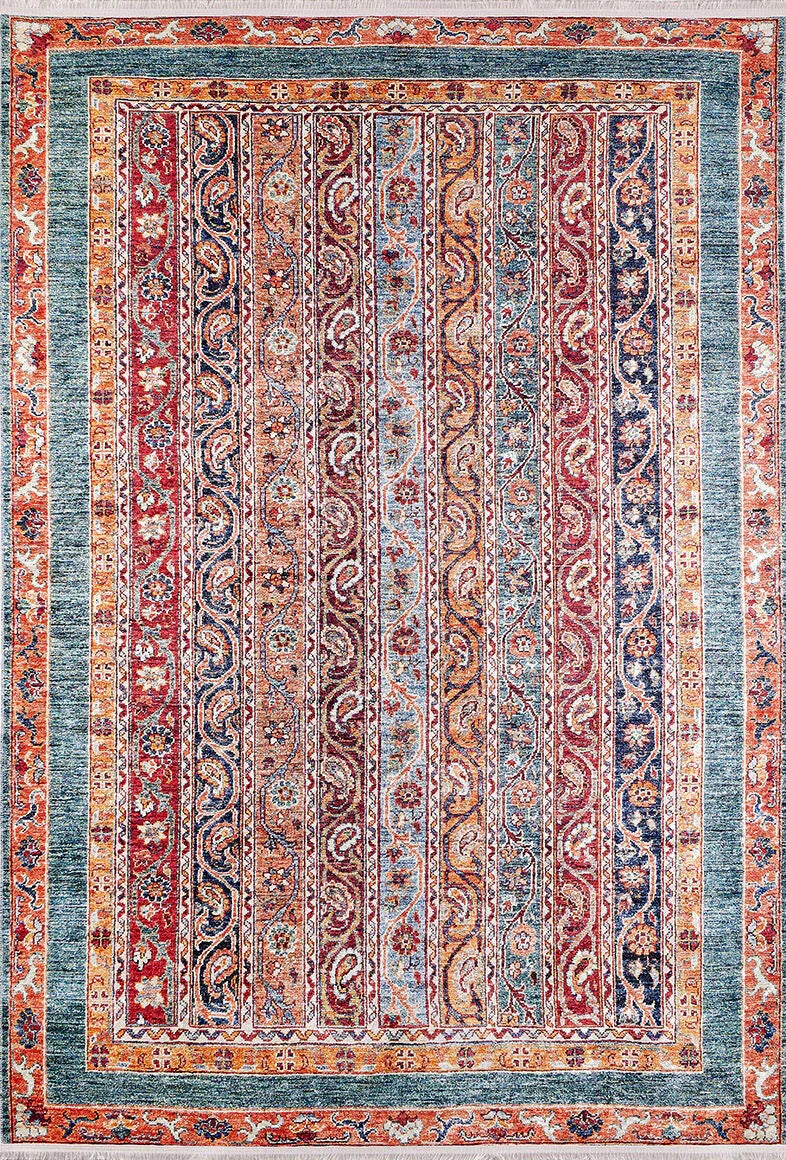 The Old-World Elegance - Washable Rug - JR38 (Outlet) US is a rectangular multicolor rug with red, cream, blue, and gold vertical stripes, detailed floral and paisley motifs, and wide teal, orange, and beige borders—perfect for high-traffic areas.