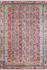 The Old-World Elegance - Washable Rug - JR38 (Outlet) US is a rectangular multicolor rug with red, cream, blue, and gold vertical stripes, detailed floral and paisley motifs, and wide teal, orange, and beige borders—perfect for high-traffic areas.