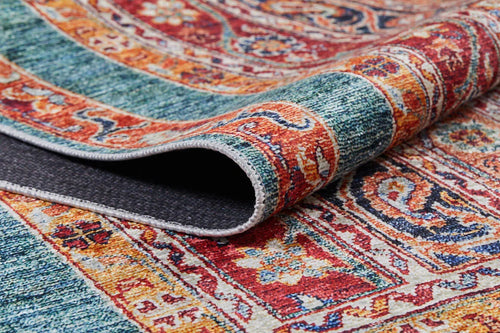 Load image 1 in gallery view. A close-up of the Old-World Elegance - Washable Rug - JR38 (Outlet) US highlights its multicolor intricate patterns and textured underside—perfect as a washable rug to add charm to any space.