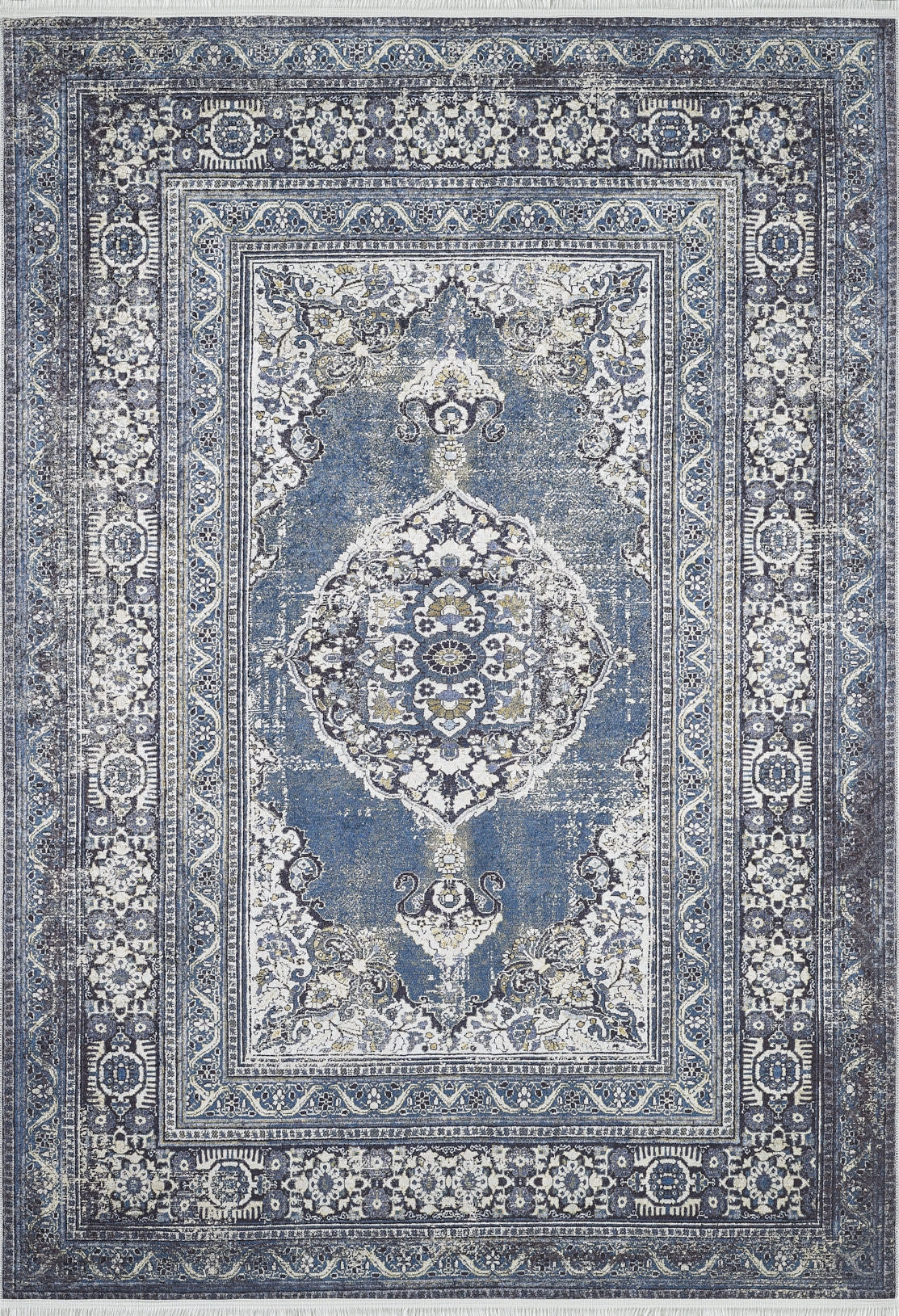 The Opulent Beauty - Washable Rug - JR1932 features a blue, white, and gray distressed medallion design with intricate florals and decorative borders. Its vintage look is perfect for high-traffic spaces and easy to maintain.