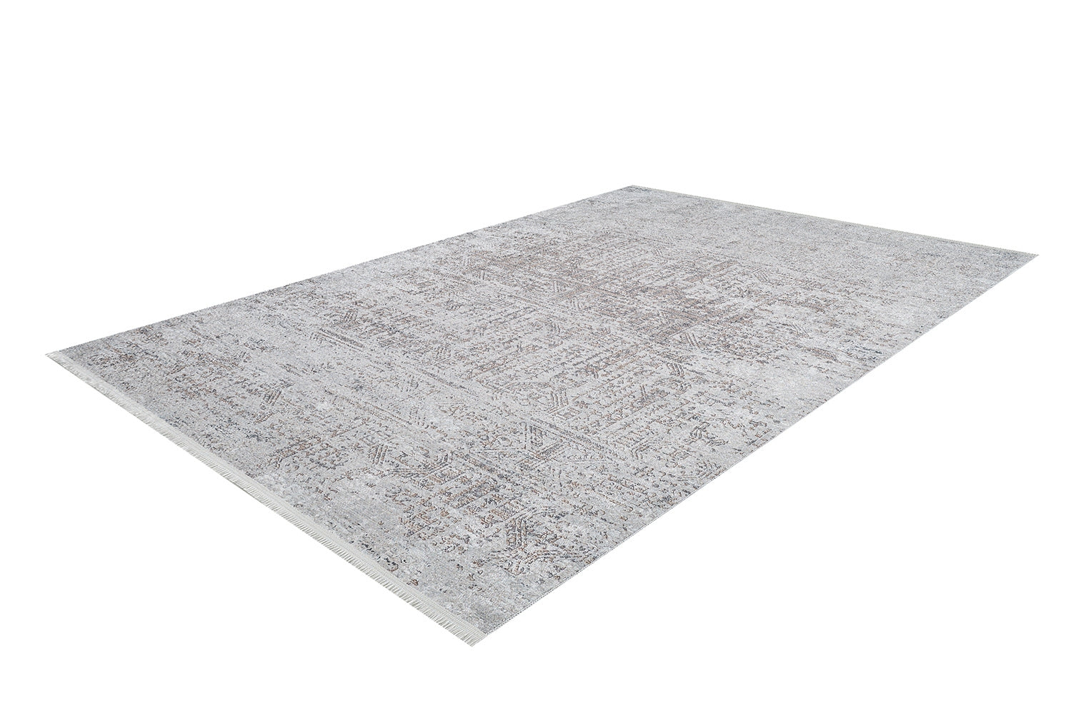The Opulent Tapestry - Washable Rug - JR1775 is a large rectangular rug with a subtle distressed gray and beige pattern, perfect for high-traffic areas, shown on a white background.