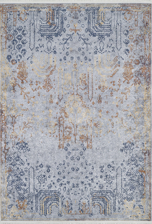 Load image 1 in gallery view. The Oriental Treasures - Machine-Washable Rug JR1613 features a faded blue, gold, and grey vintage pattern with symmetrical motifs—ideal for allergy-sensitive homes and high-traffic areas.