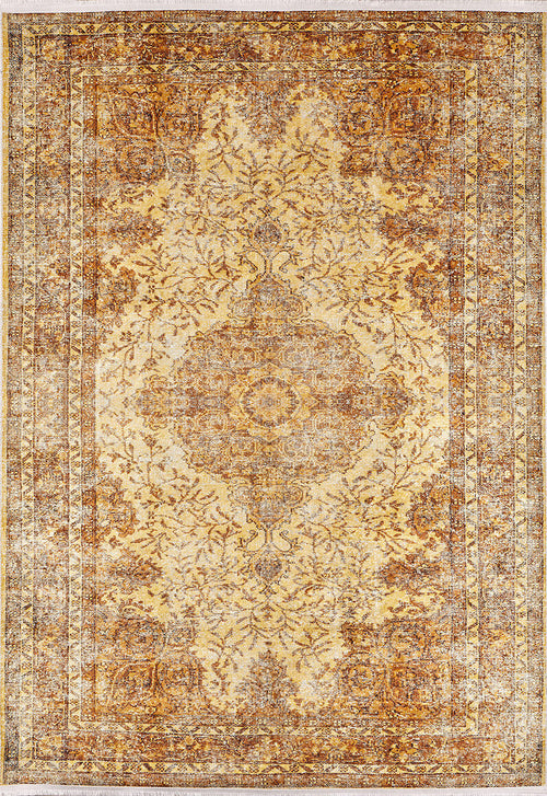 Load image 1 in gallery view. The Ornate Beauty JR206 is a washable yellow-gold rug with an intricate floral pattern, central medallion, and decorative borders. Its vintage, distressed look makes it perfect for high-traffic areas.