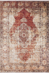 The Ornate Grace - Washable Rug - JR1009 features a vintage-style, distressed look with a large faded red medallion, intricate floral patterns, and a beige-taupe border—ideal for high-traffic areas seeking an antique touch.