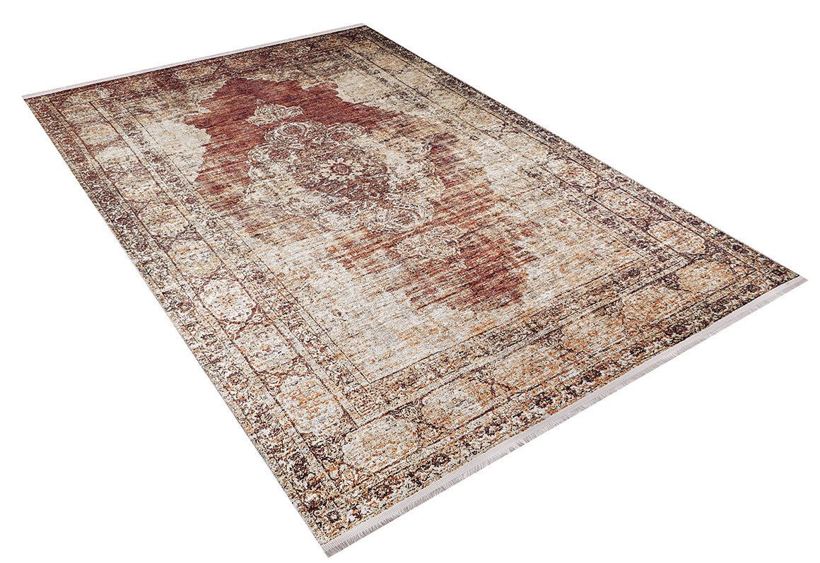 The Ornate Grace - Washable Rug - JR1009 is a large rectangular rug with an intricate traditional red, beige, and brown medallion pattern and ornate borders—perfect for high-traffic areas—displayed on a white background.