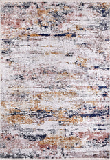 The Painted Dreams - Washable Rug - JR432 features an abstract distressed pattern in white, gold, navy blue, and rust for a textured look—ideal for high-traffic spaces.