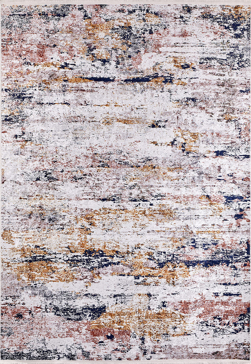 The Painted Dreams - Washable Rug - JR432 features an abstract distressed pattern in white, gold, navy blue, and rust for a textured look—ideal for high-traffic spaces.