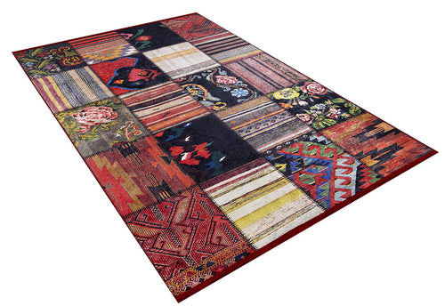 Load image 1 in gallery view. The Petal Paradise - Washable Rug - JR315 is a rectangular rug with vibrant multicolor patchwork—floral, geometric, and striped in red, yellow, green, blue, and black—ideal for high-traffic areas.