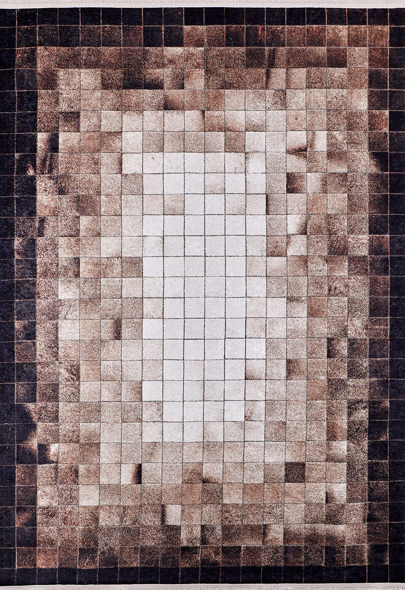 Pinstripe Paradise - Washable Rug (JR1004) features a rectangular grid of small squares in brown and beige tones, creating a bronze-like gradient with a vignette effect. This flat weave rug is washable for easy care.