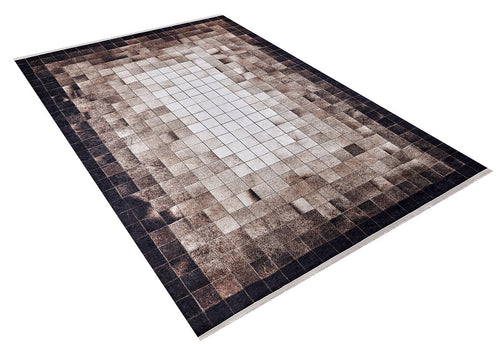 Load image 1 in gallery view. The Pinstripe Paradise - Washable Rug (JR1004) features a rectangular flat weave with a pixelated grid pattern in brown, beige, and black tones that darken toward the edges—part of our washable bronze and brown rugs collection.