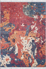The Psychedelic Splash - Machine-Washable Rug (JR5096) features vibrant red, orange, blue, and cream organic patterns with white fringes—ideal for high-traffic areas.