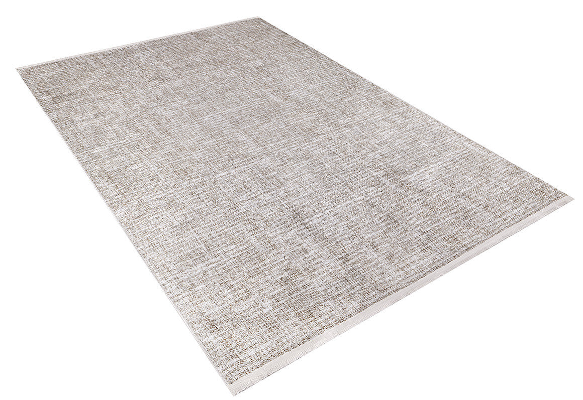 The Pure Bliss - Washable Rug - JR745 (Outlet) US is a rectangular beige and gray textured area rug with a subtle pattern, shown on a white background. It has short fringe on the ends and is ideal for high-traffic areas.