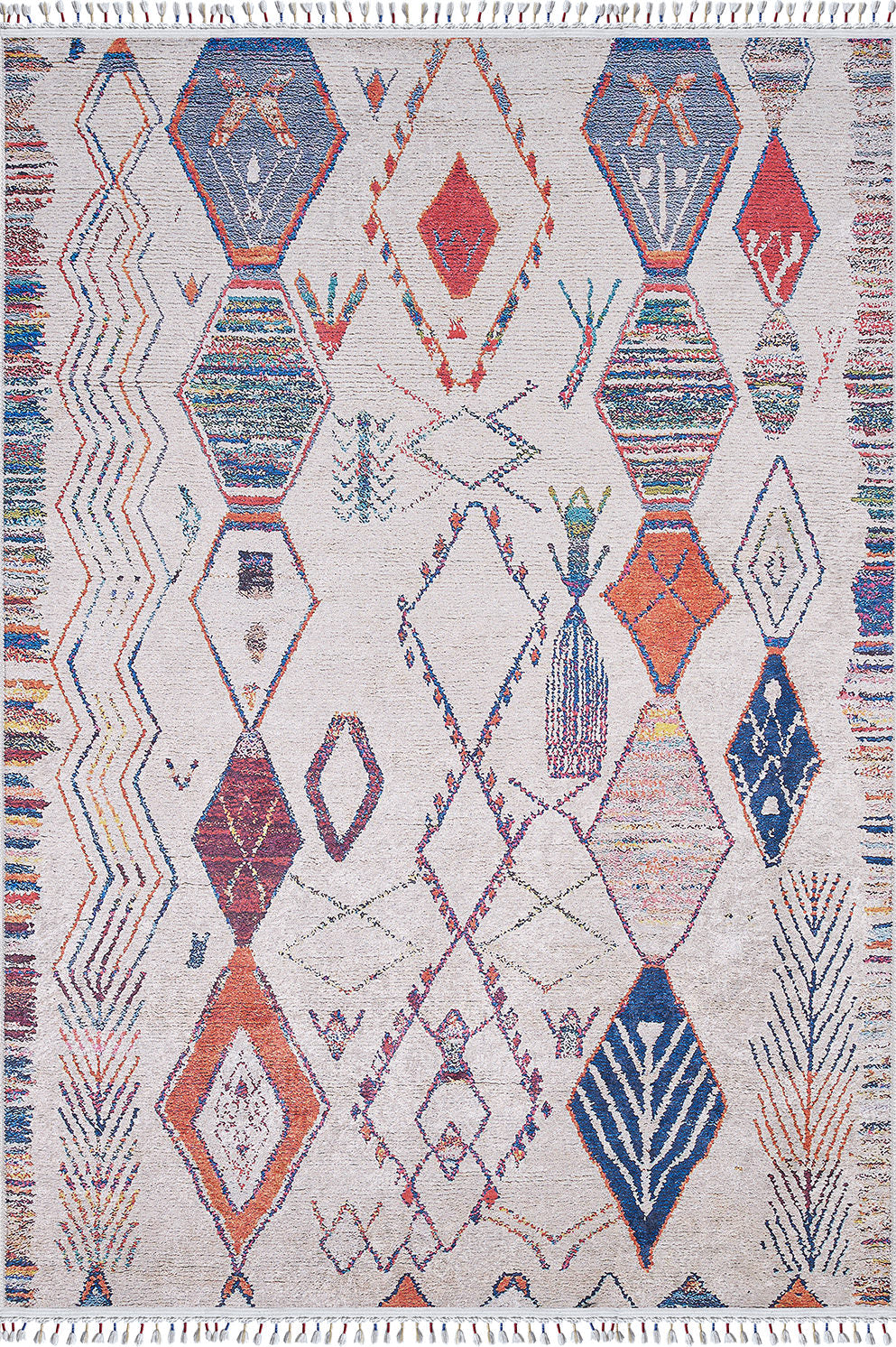 The Rainbow Rhapsody - Washable Rug - JR5060 features a flat weave with multicolored abstract shapes, diamonds, and lines on a light beige background. Allergy-friendly and stylish, it has blue, red, orange, and green tones plus fringed edges.