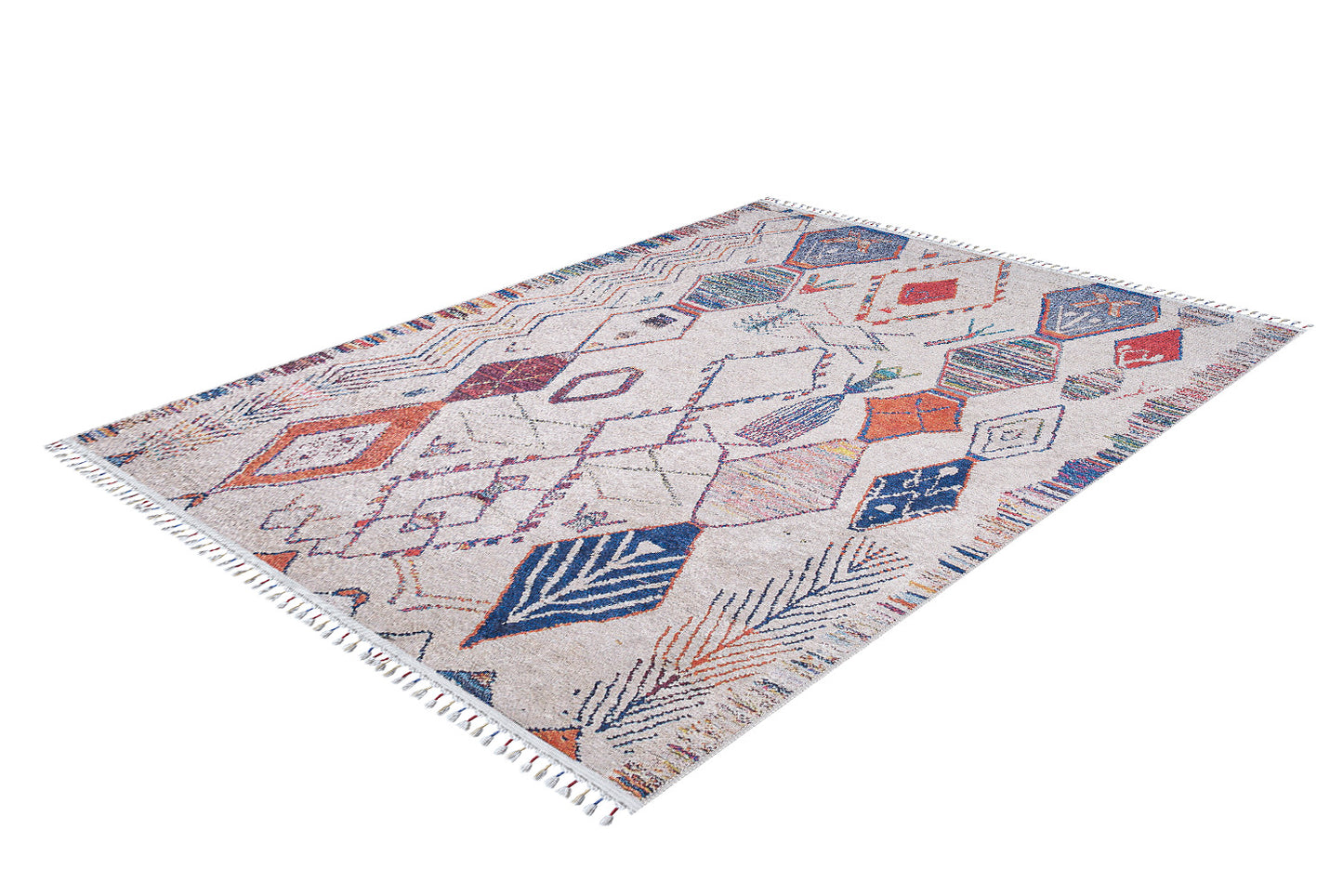 The Rainbow Rhapsody - Washable Rug (JR5060) is a rectangular cream rug with blue, orange, red, and purple geometric patterns and fringed edges on the short sides.