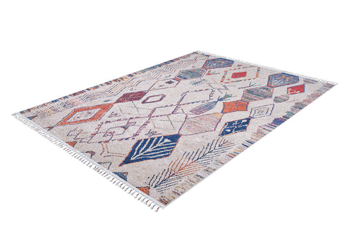 Load image 1 in gallery view. The Rainbow Rhapsody - Washable Rug (JR5060) is a rectangular cream rug with blue, orange, red, and purple geometric patterns and fringed edges on the short sides.