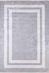 The Refined Edge - Washable Rug - JR573 features a light gray-anthracite tone with two slim white borders near the edges on a subtly textured background—ideal for high-traffic spaces and easy to clean.